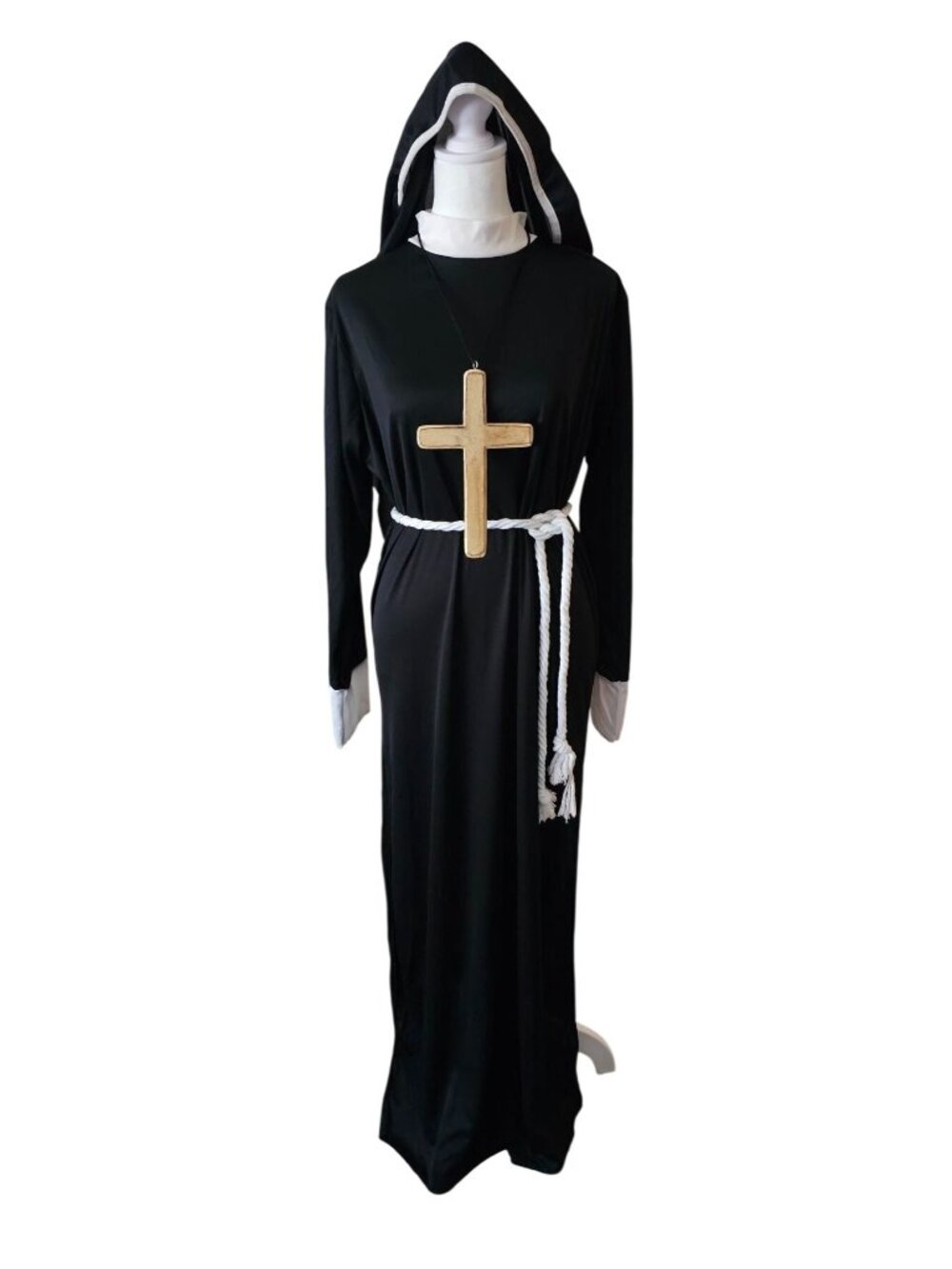VTG Clown Alley Womens Sexy Nun Costume W/Hood Rope Belt & Cross Necklace OS